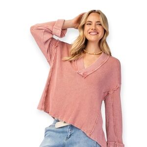 Easel Pink Distressed V-Neck Sweatshirt